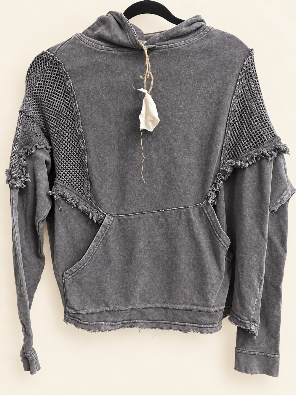 NWT Easel Charcoal Mineral Wash Crochet Fringe Hoodie Small